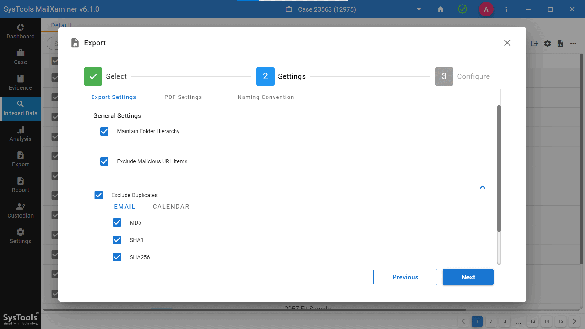 G Suite export setting options