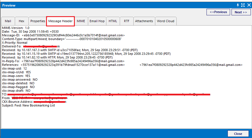 Massage Header View in Windows Live Mail forensics tool