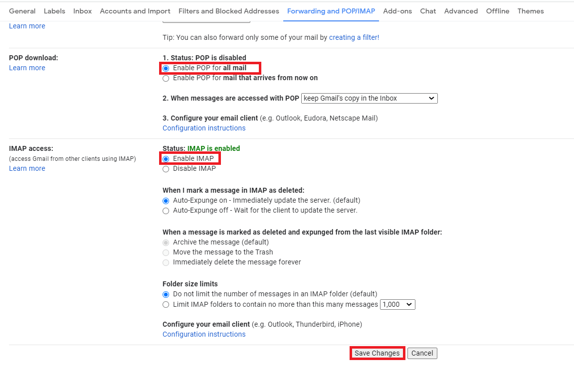 Enable POP & Save Changes