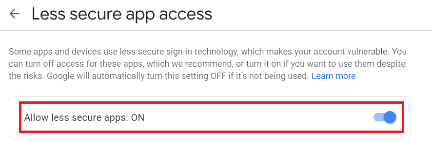 ON Less Secure Apps to Search Email in Gmail
