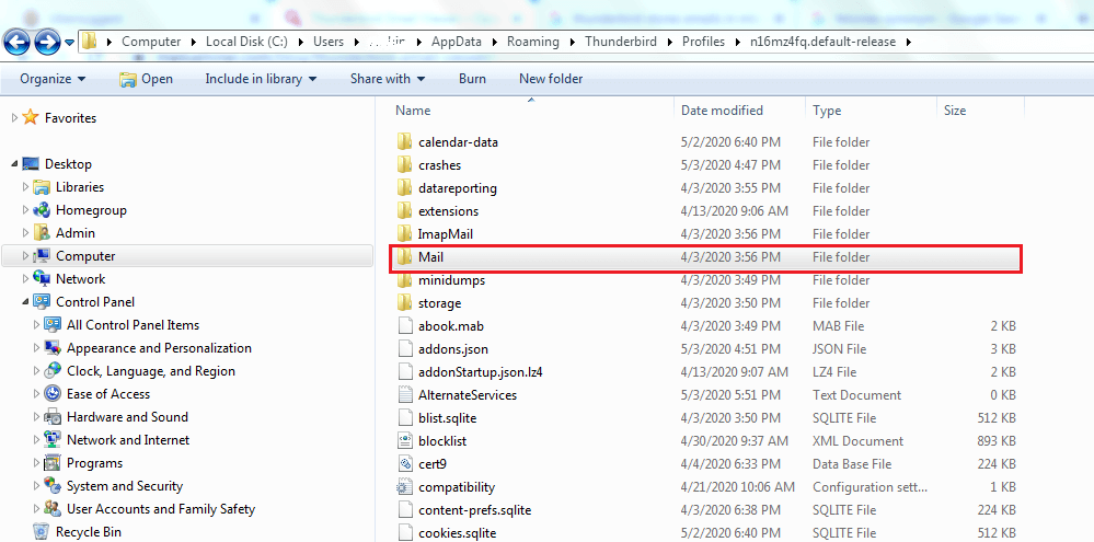 where is the thunderbird mail file located