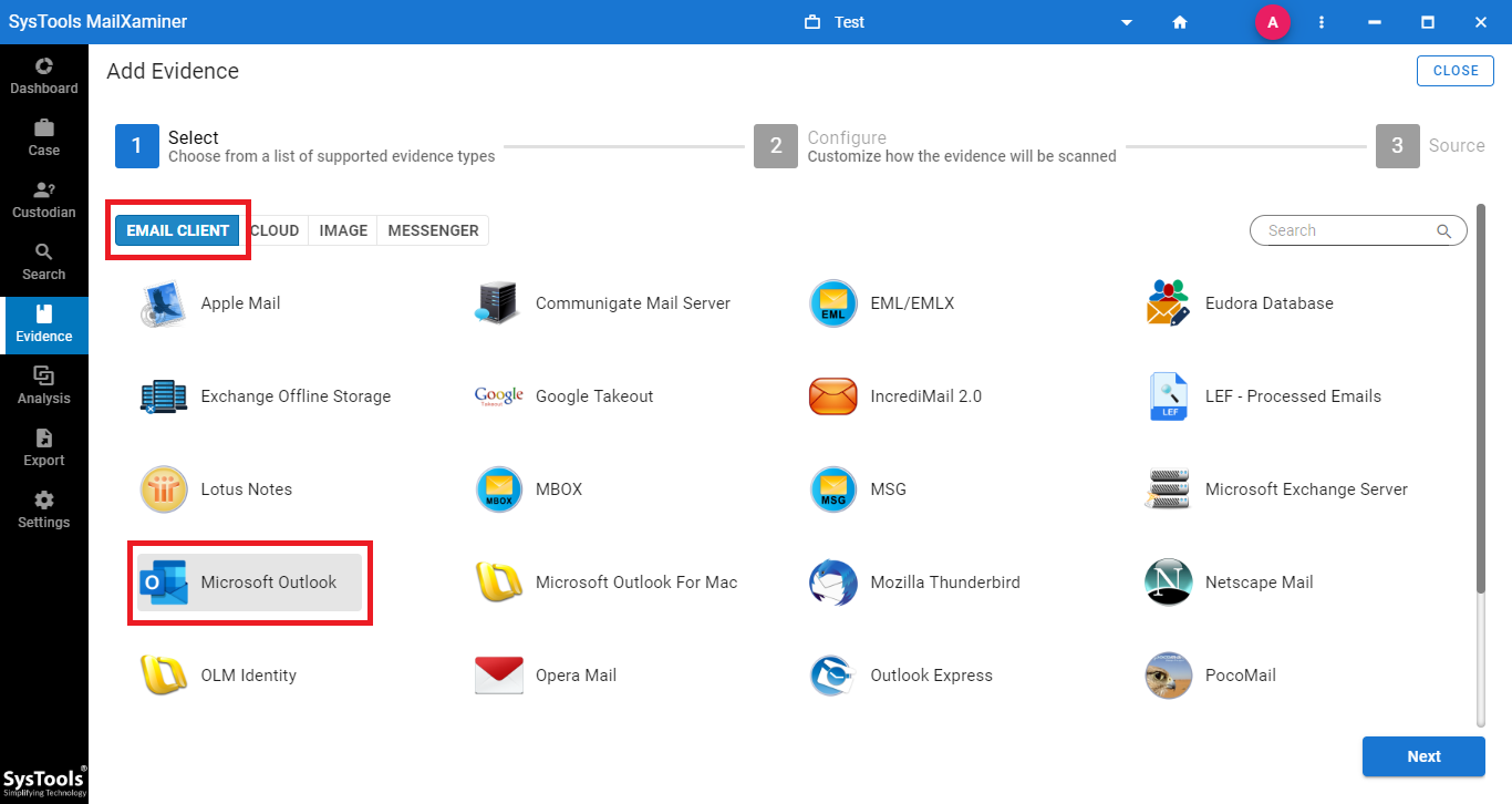 select Outlook email client for searching keyword in evidence