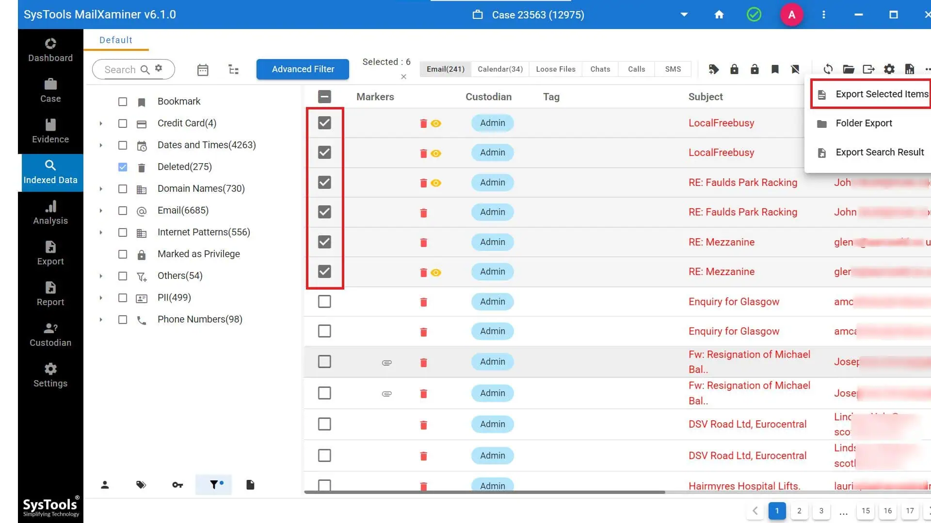 export options of deleted emails