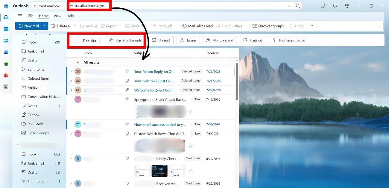 how to find attachments in outlook email chain